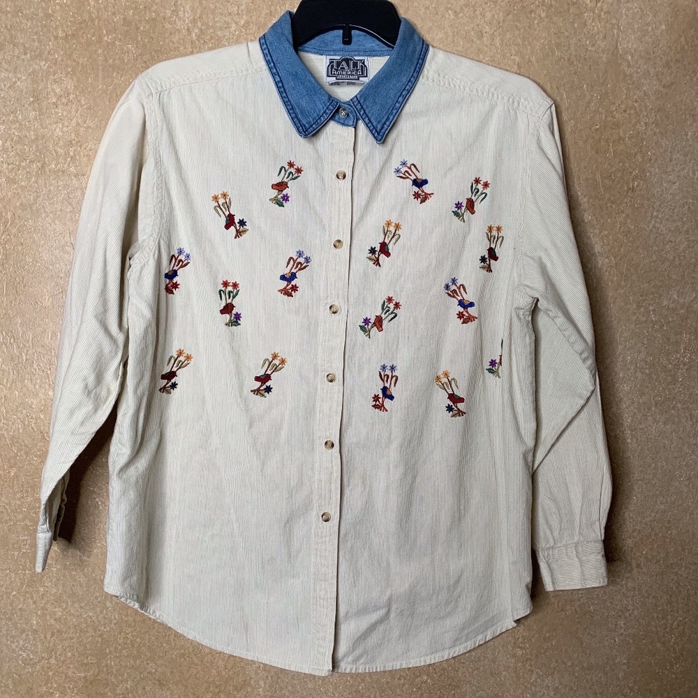 Talk America | Cream Button Down with Bird Print